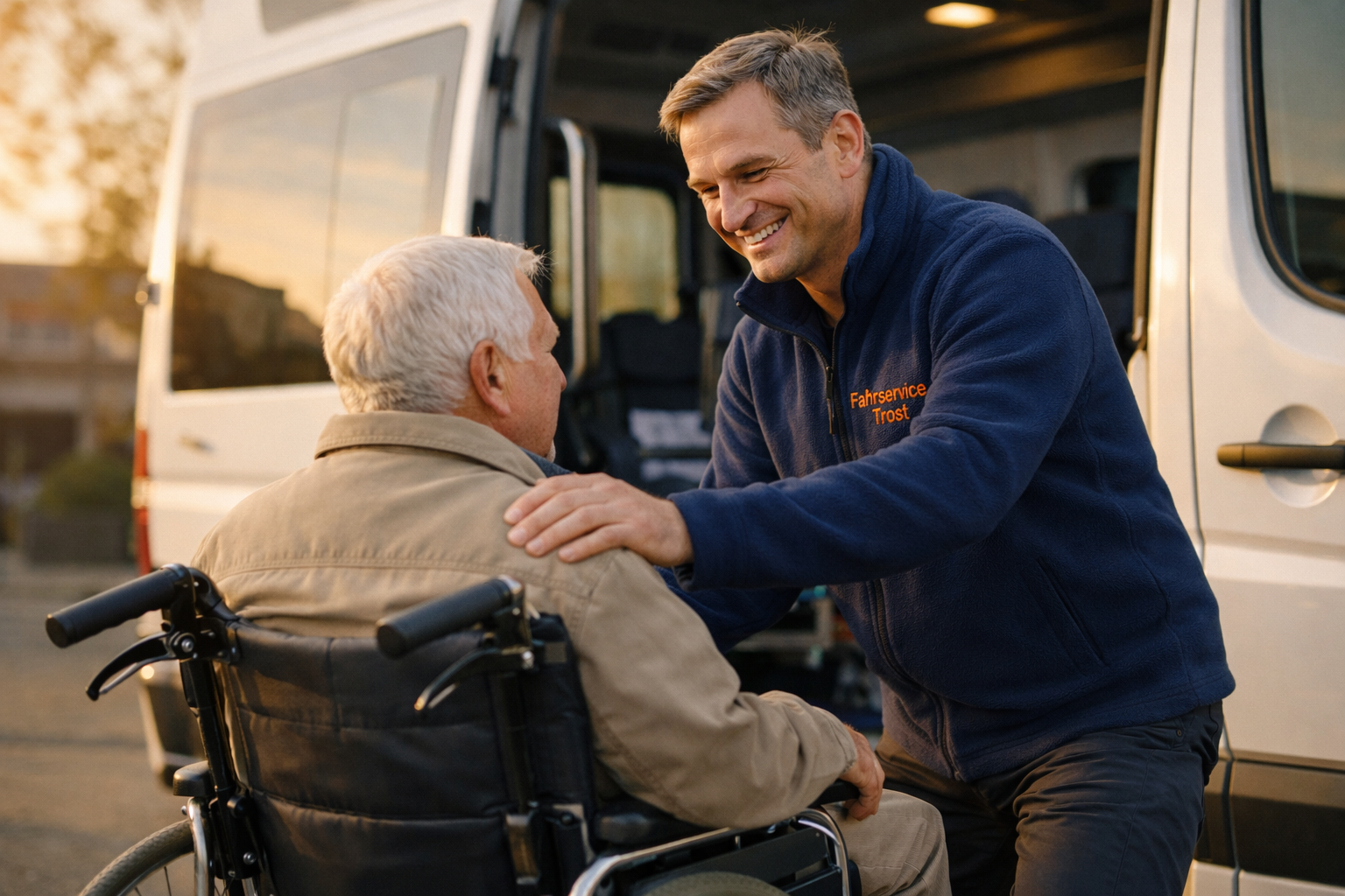 Professioneller Fahrservice - Patient im Rollstuhl wird ins Fahrzeug eingeladen - Fahrer mit Fahrservice Trost Schriftzug