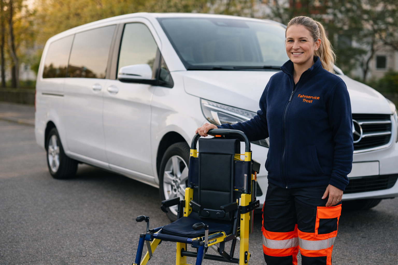 Fahrservice Trost Mercedes V-Klasse mit Fahrerin und Tragestuhl
